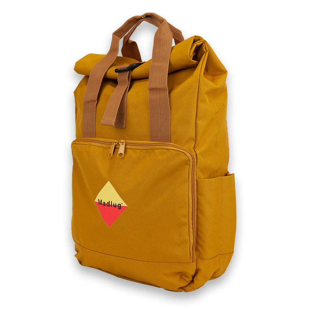 Mustard Laptop Roll-Top. Three-quarter view.