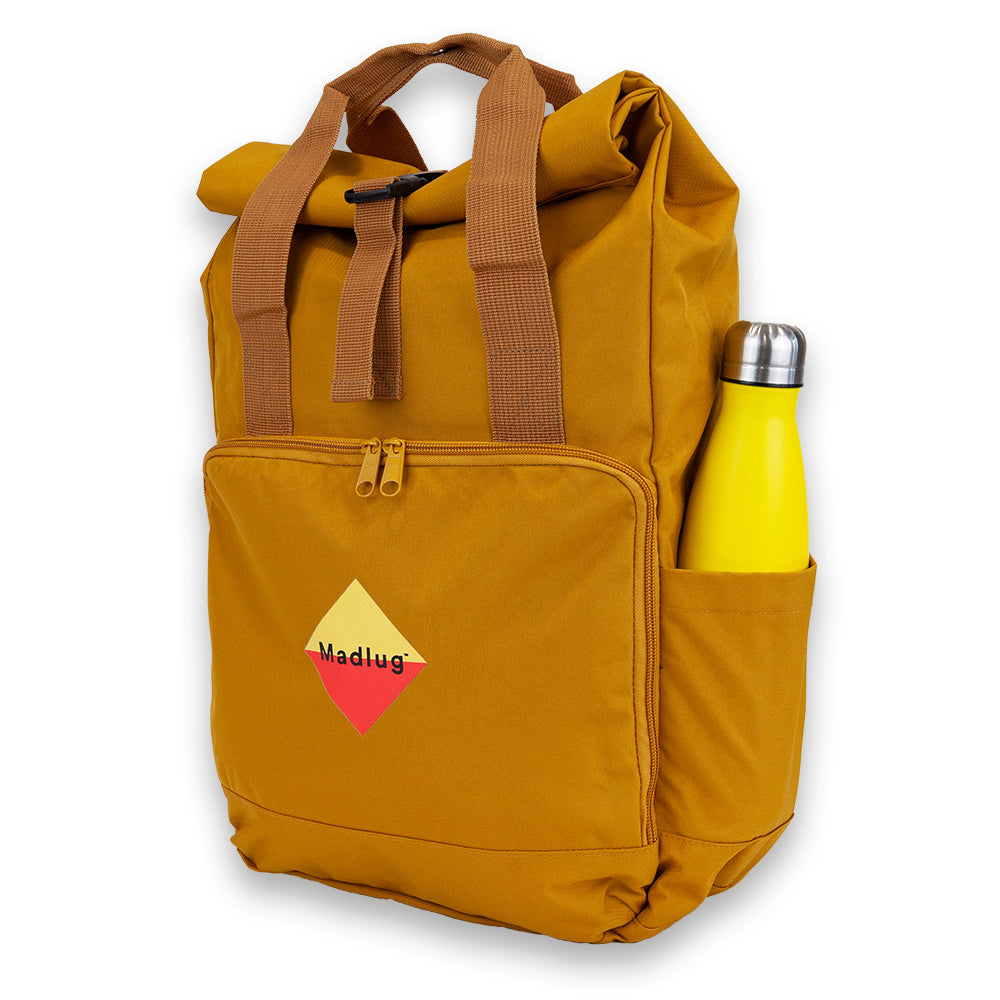 Mustard Laptop Roll-Top. Three-quarter view.
