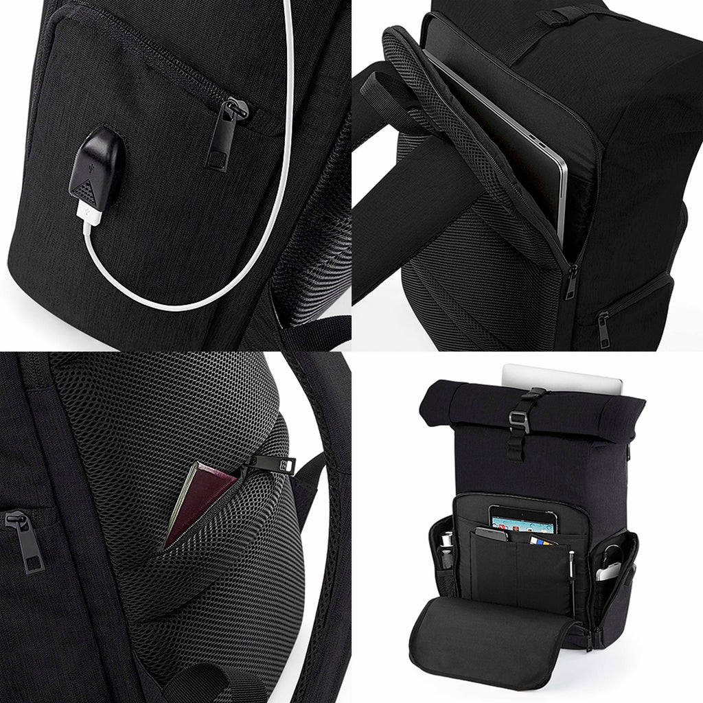Madlug Black Roll-Top Tech Backpack. Mosaic picture showing organisation features.
