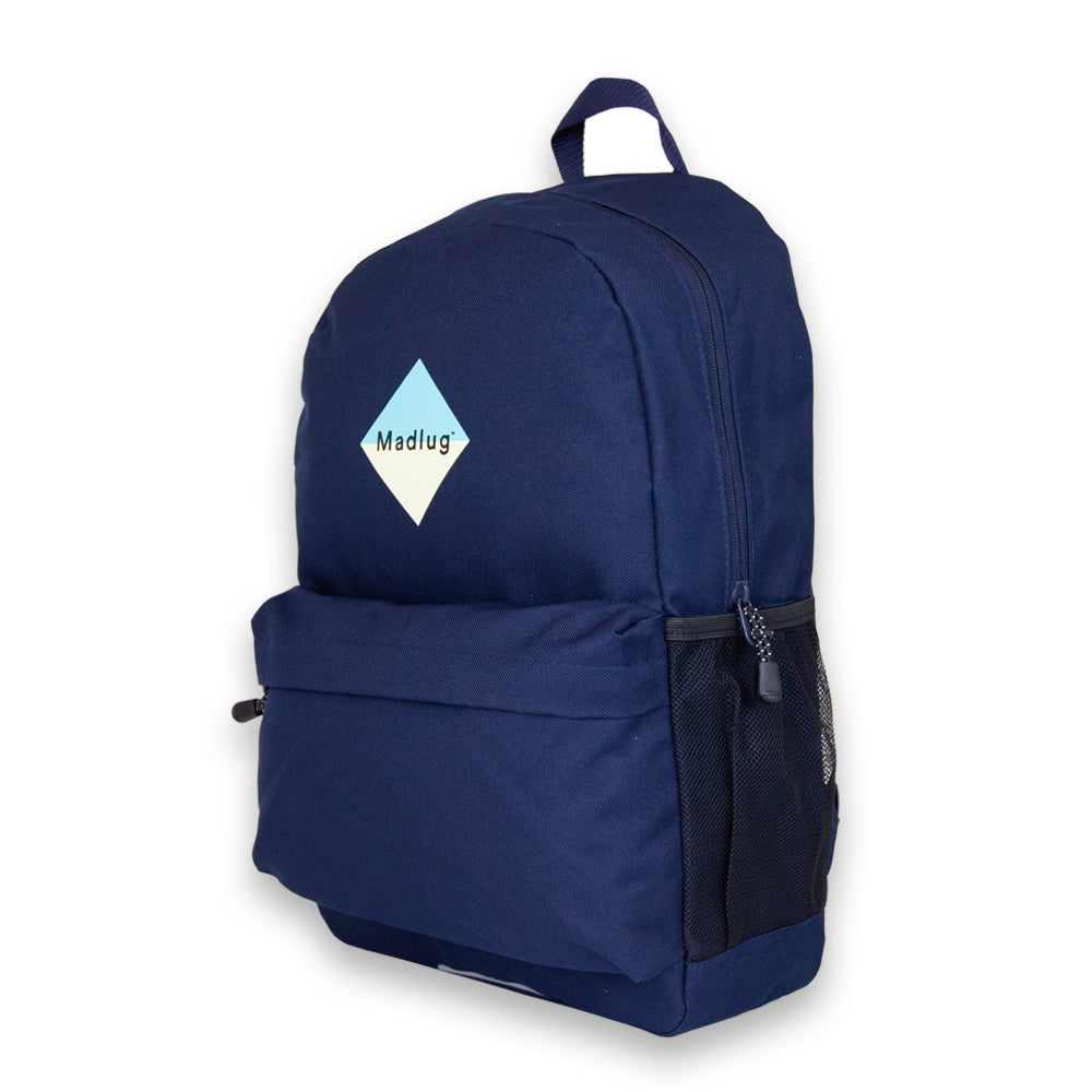 Madlug School Bag in Navy. Side view showing extra front pocket.
