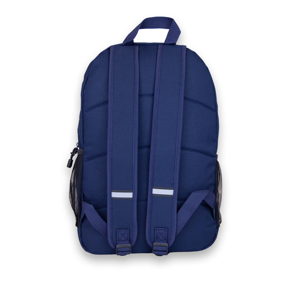Madlug School Bag in Navy. Rear view showing reflective strips on padded straps.