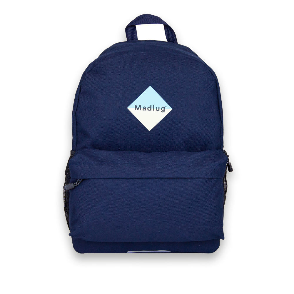 Madlug School Bag in Navy. Front view showing iconic logo.