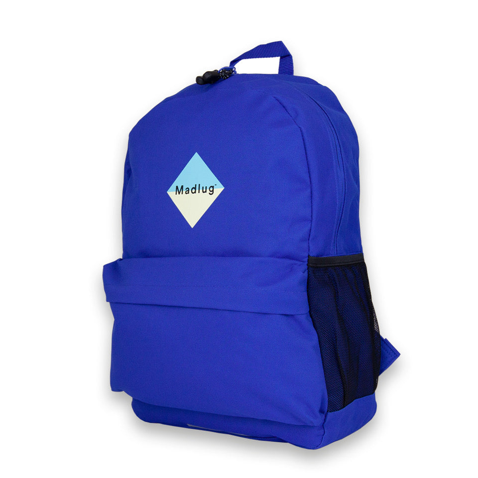 Madlug School Bag in Blue. Side view showing extra front pocket.