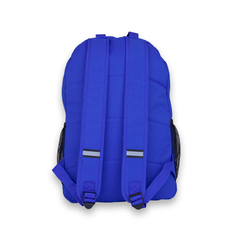 Madlug School Bag in Blue. Rear view showing reflective strips on padded straps.