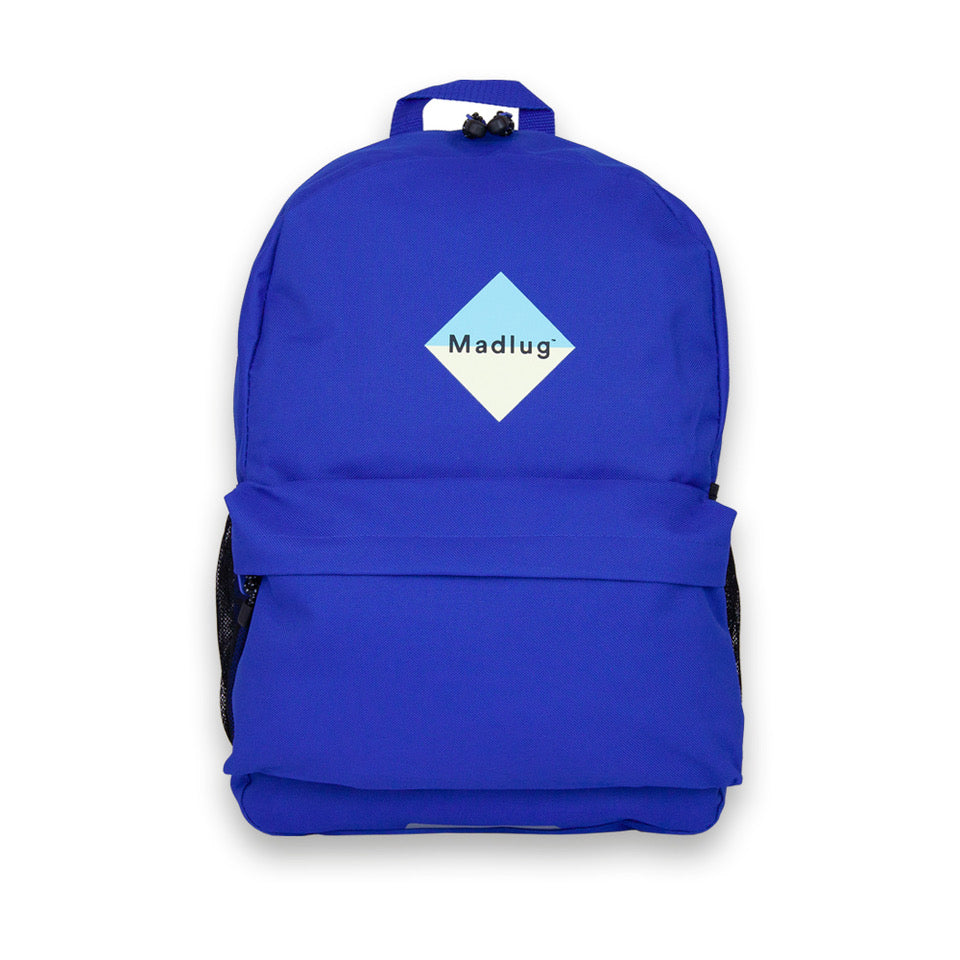 Madlug School Bag in Blue. Front view showing iconic logo.