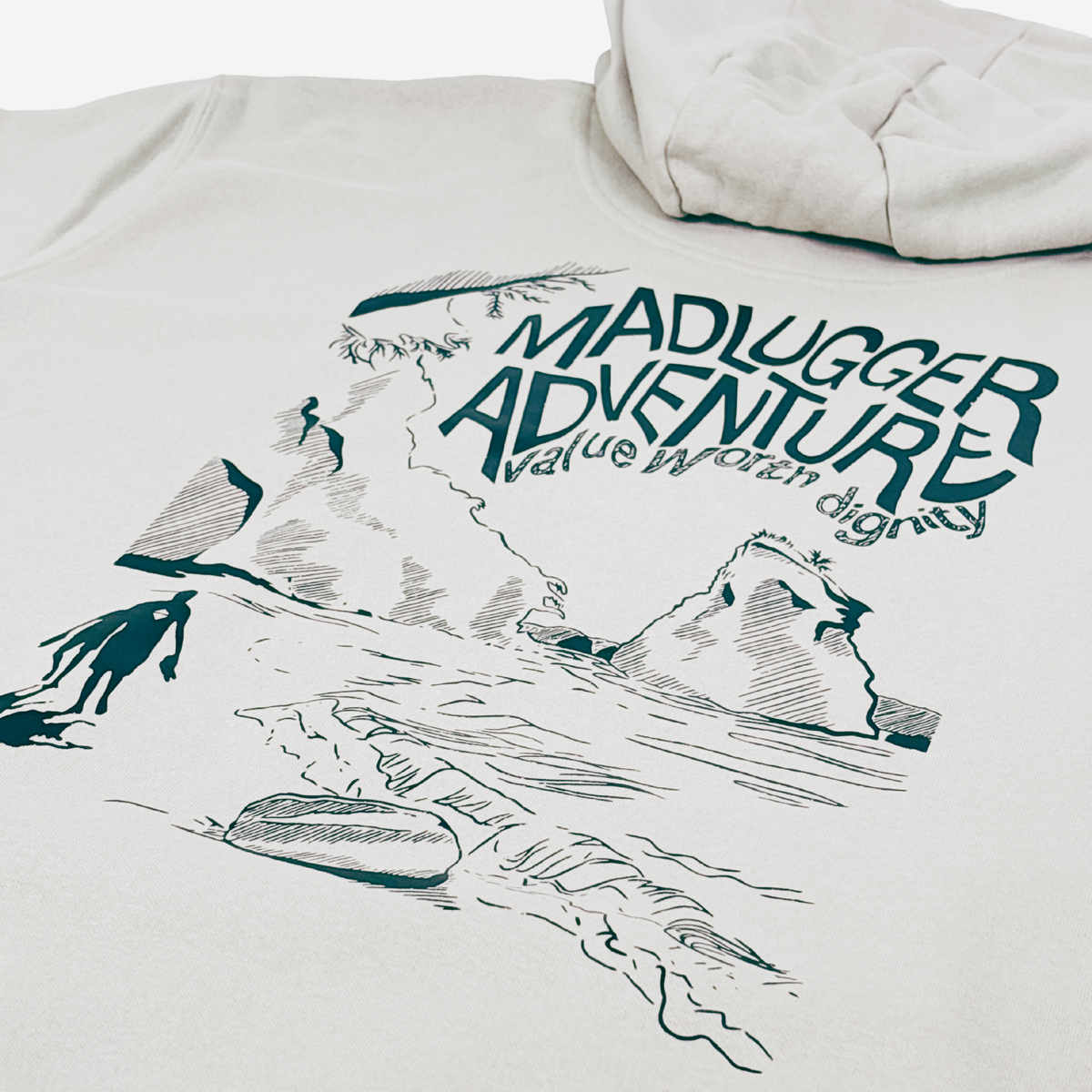 An stone colour hooded sweatshirt featuring a black graphic print of a a wave and cliffs with the text 'MADLUGGER ADVENTURE value worth dignity' and a sketch of cliffs and rocks.