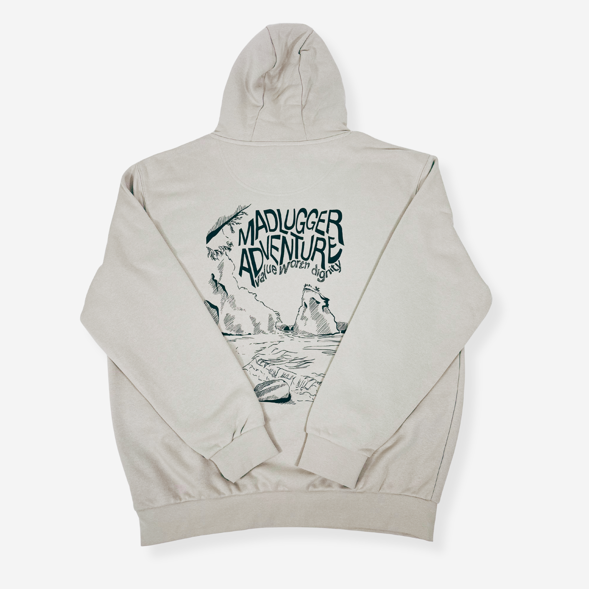 A stone colour hooded sweatshirt shown from the back, featuring a large black graphic print with the text 'MADLUGGER ADVENTURE' and a hand-drawn style illustration.