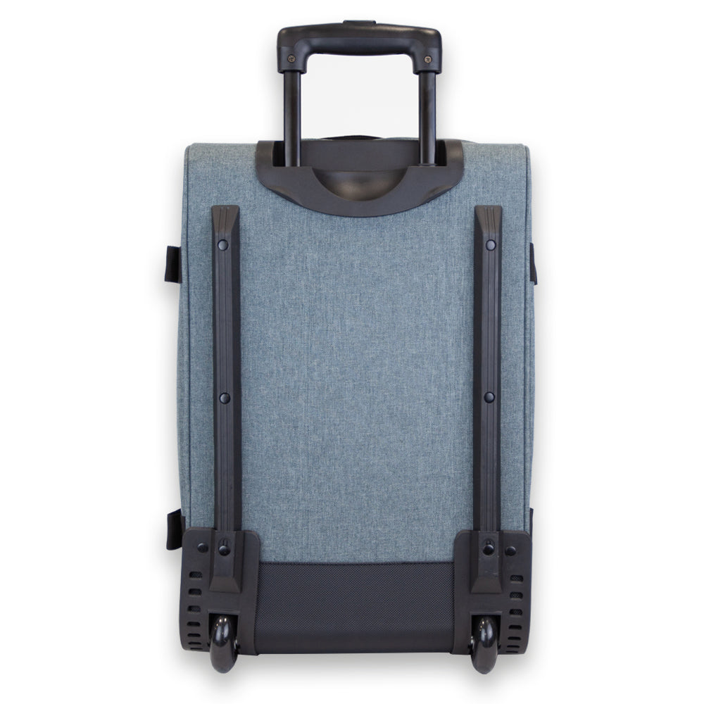 Madlug Grey Cabin Suitcase. Rear view showing handle, skate wheels and protection bars.