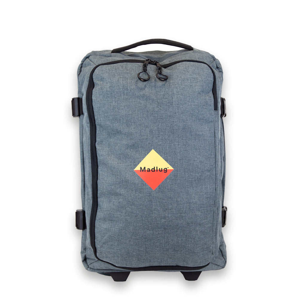 Madlug Grey Cabin Suitcase. Front view lockable main zip, carry handle and iconic Madlug logo.