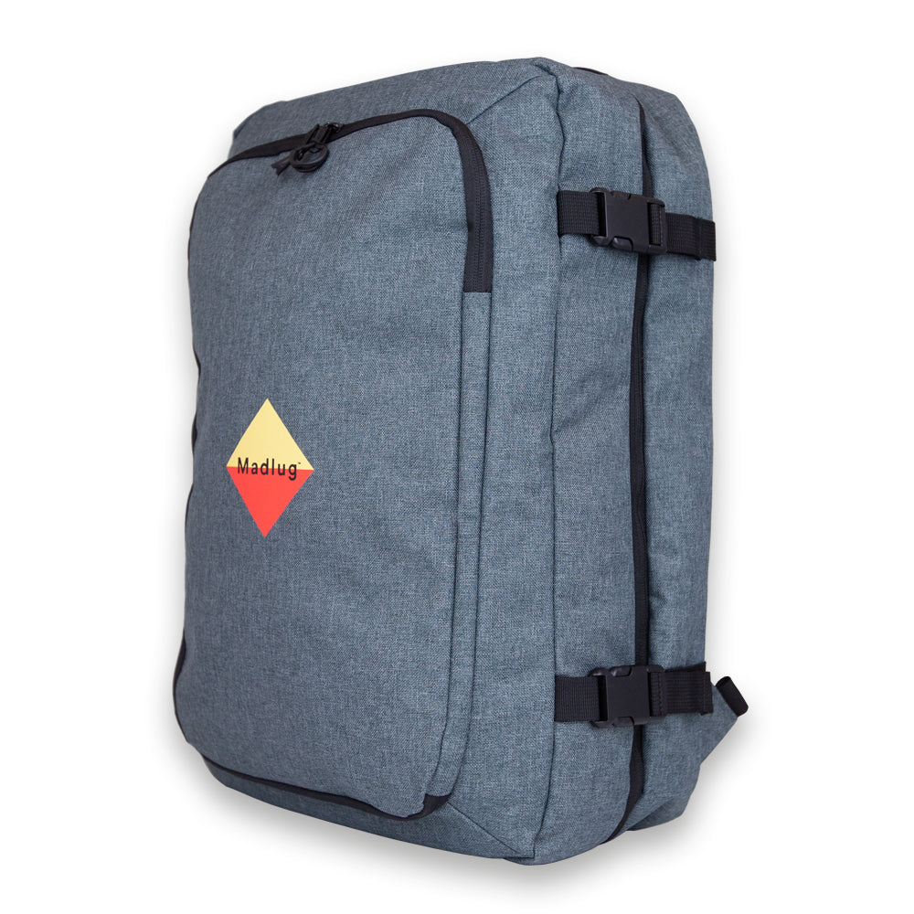 Madlug Grey Travel Backpack. Side view showing secure clips.