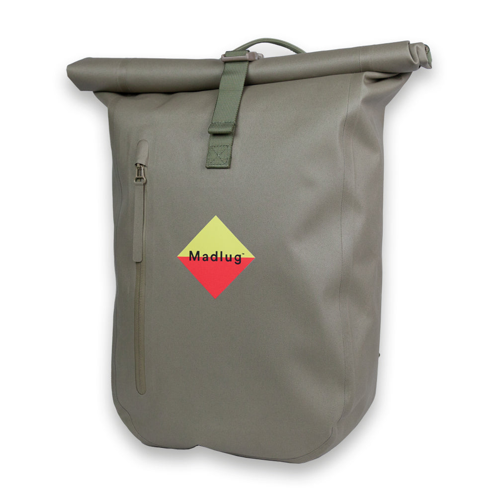 Green Waterproof Roll-Top. Three-quarter view.
