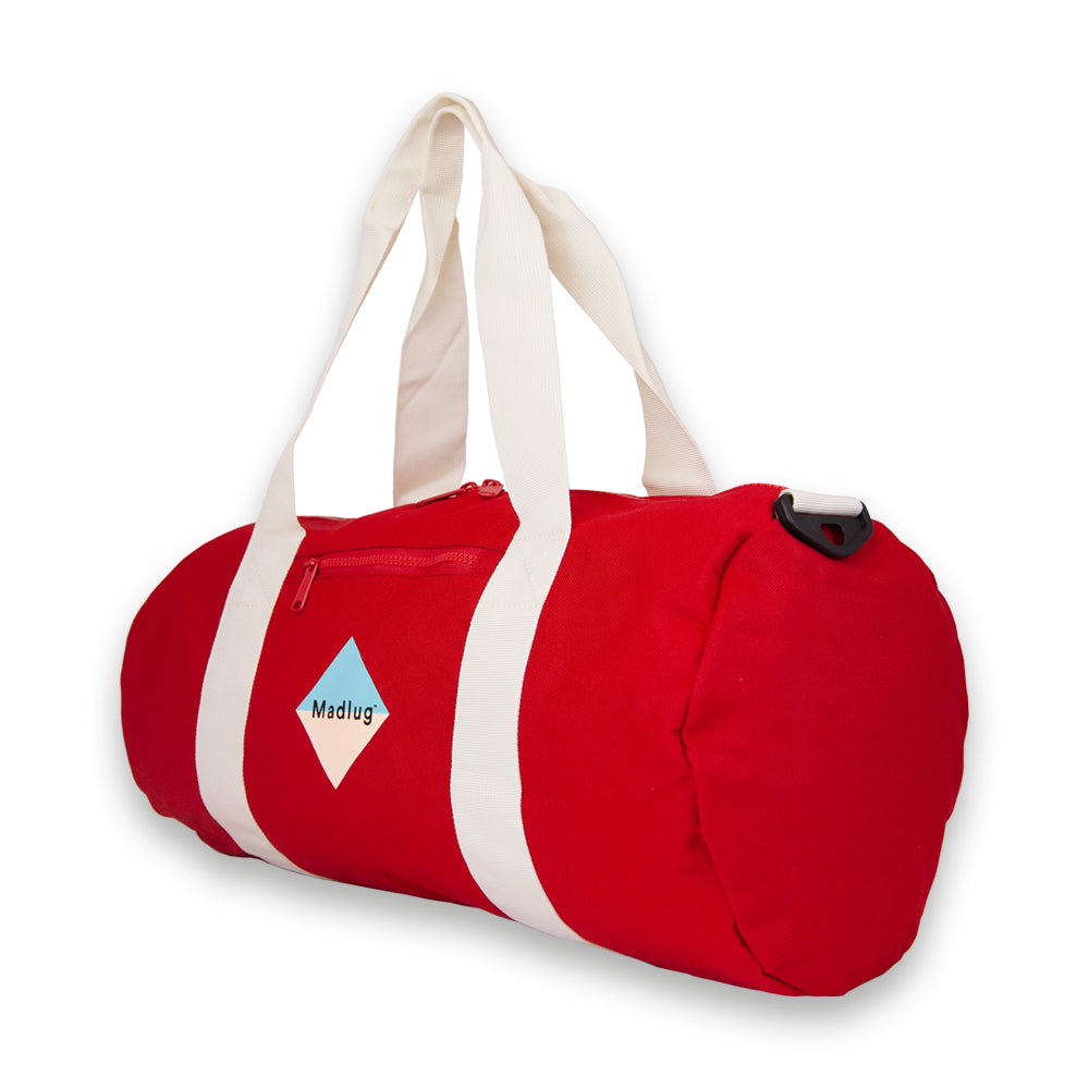 Duffel bag in Red. Side view with logo.
