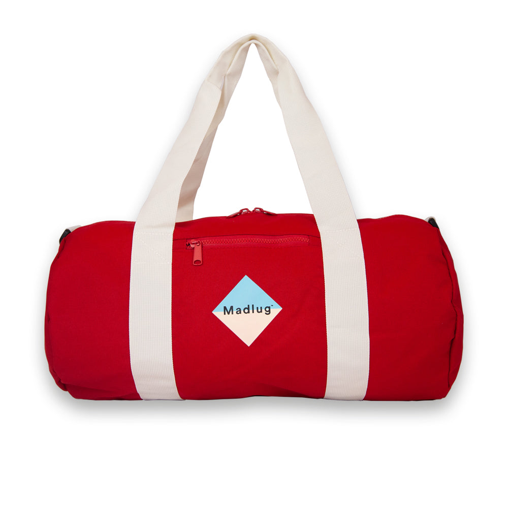 Duffel bag in Red. Front view with logo.