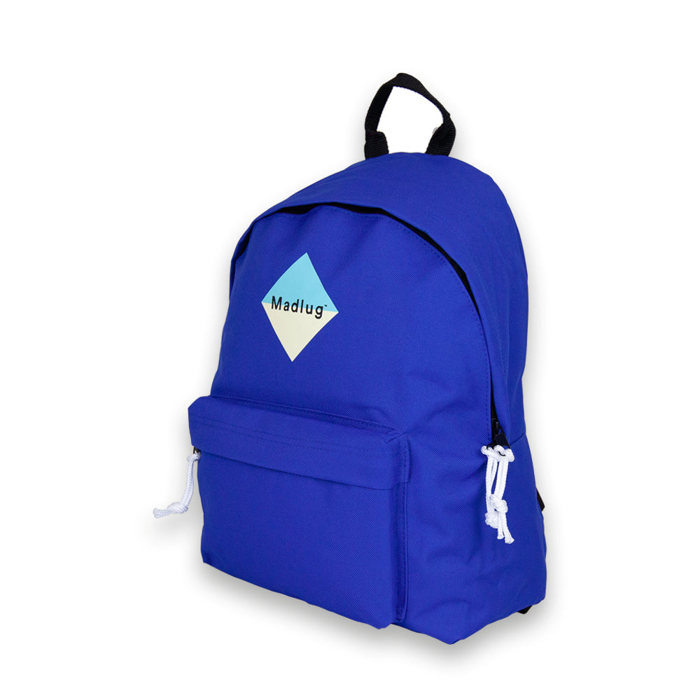 Madlug Junior Backpack in Blue. Side view with iconic Madlug logo.