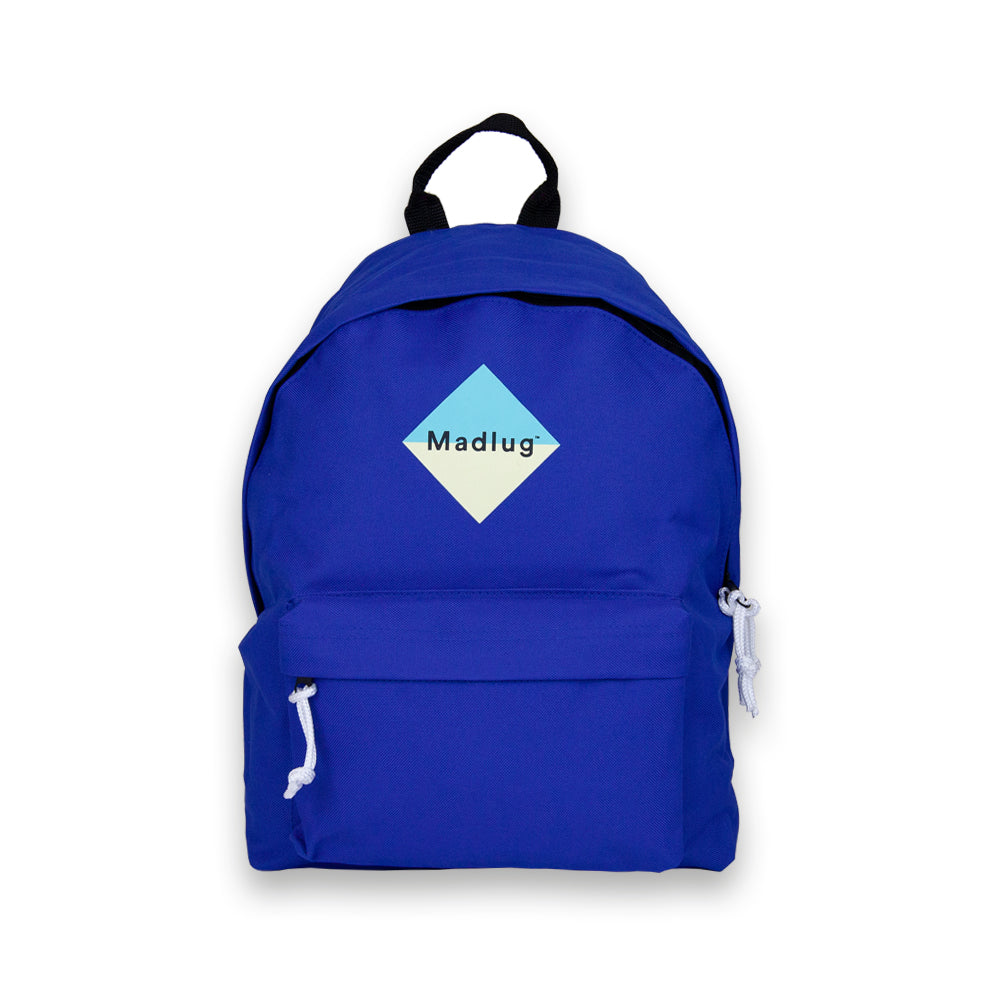 Madlug Junior Backpack in Blue. Front view with iconic Madlug logo.