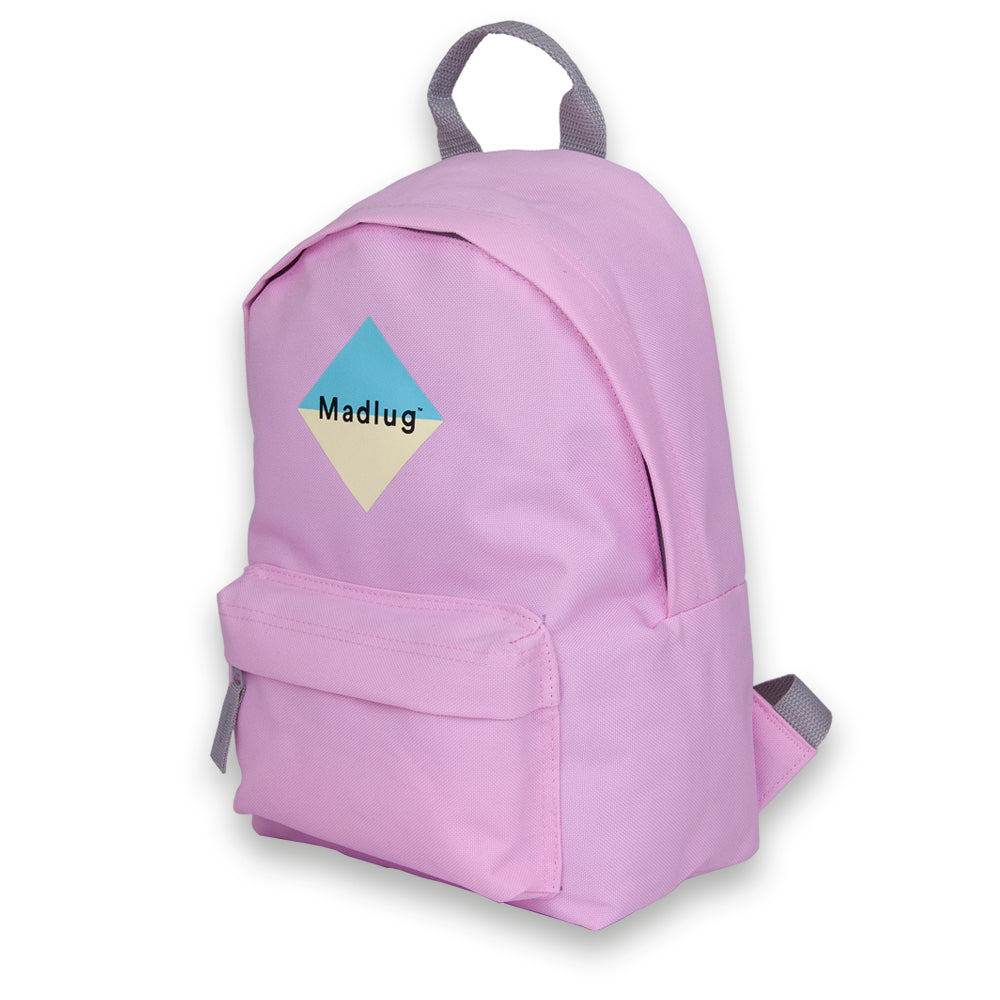 Madlug Mini Backpack in Pink. Side view showing extra front pocket.