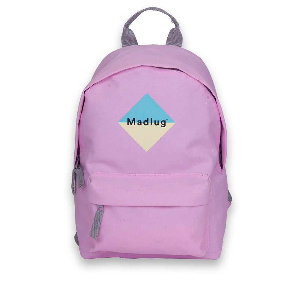 Madlug Mini Backpack in Pink. Front view showing iconic Madlug logo.
