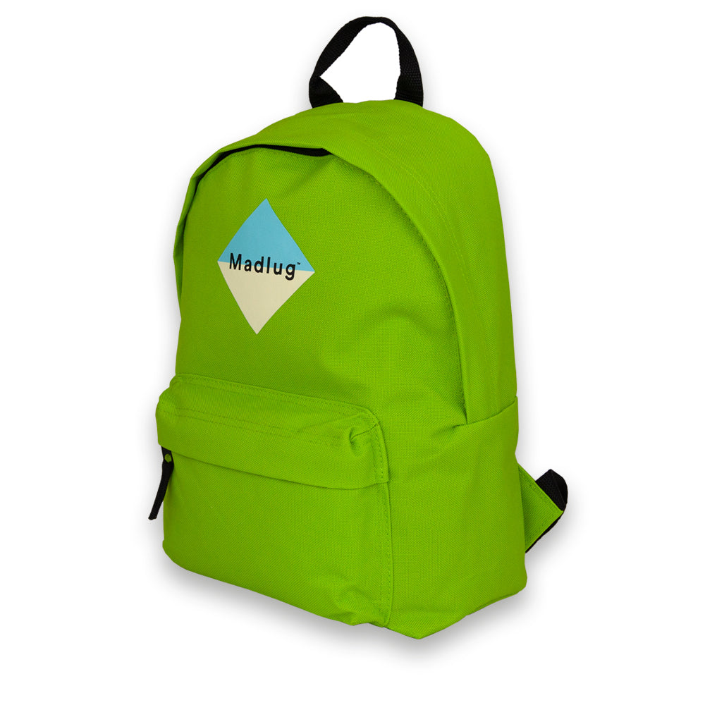 Madlug Mini Backpack in Lime Green. Side view showing extra front pocket.