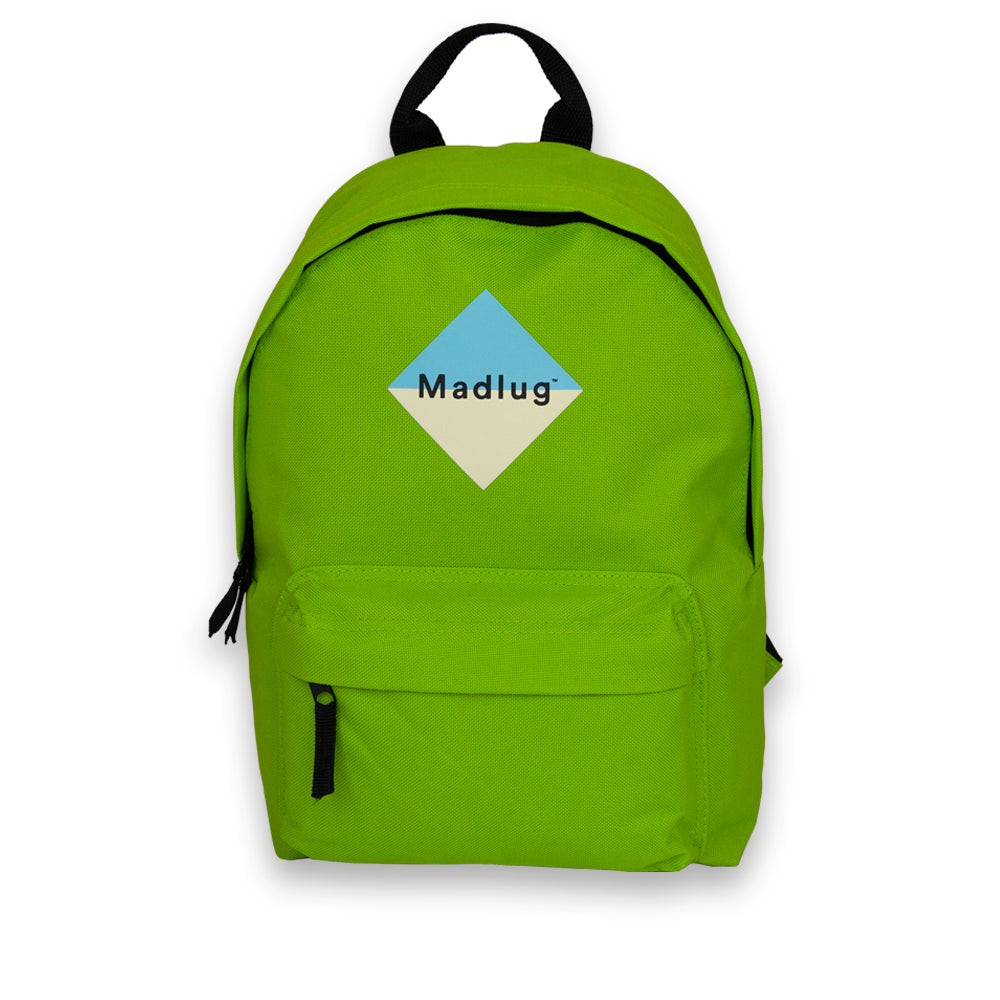 Madlug Mini Backpack in Lime Green. Front view showing iconic Madlug logo.