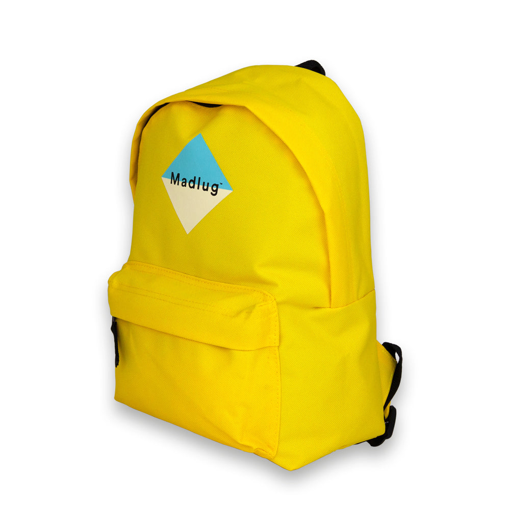Madlug Mini Backpack in Yellow. Side view showing extra front pocket.