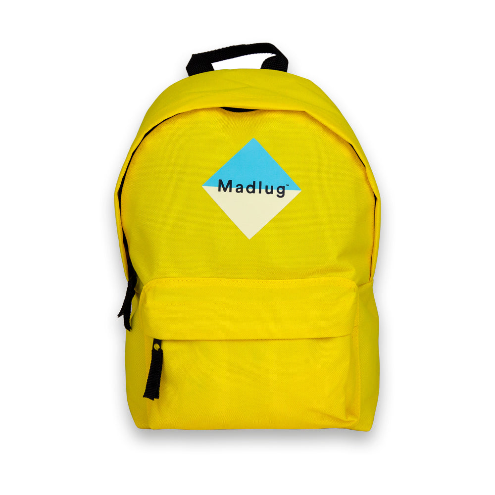 Madlug Mini Backpack in Yellow. Front view showing iconic Madlug logo.