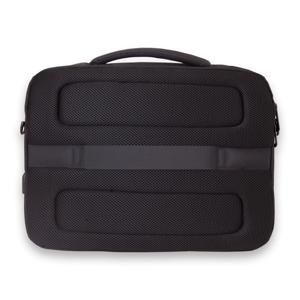 Madlug Premium Tech Messenger Shoulder Bag in black. Rear view showing wheelie bag strap.