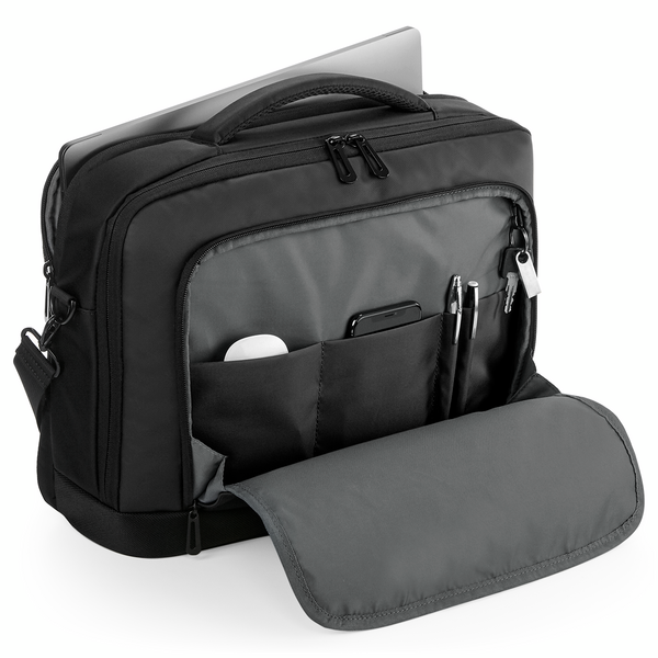 Madlug Premium Tech Messenger Shoulder Bag in black. Opened showing organiser section.