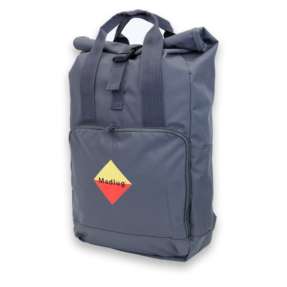 Madlug Roll-Top Backpack in Dark Grey. Back panel view showing straps.