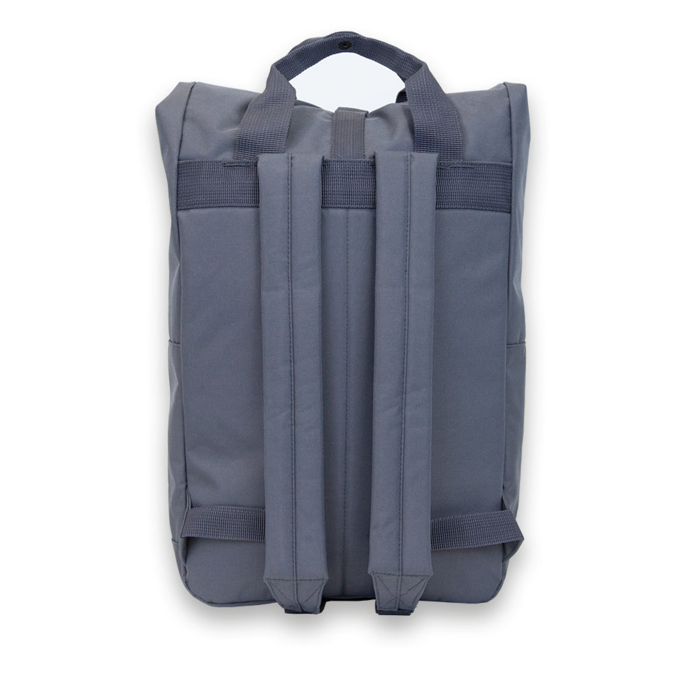 Madlug Roll-Top Backpack in Dark Grey. side view.