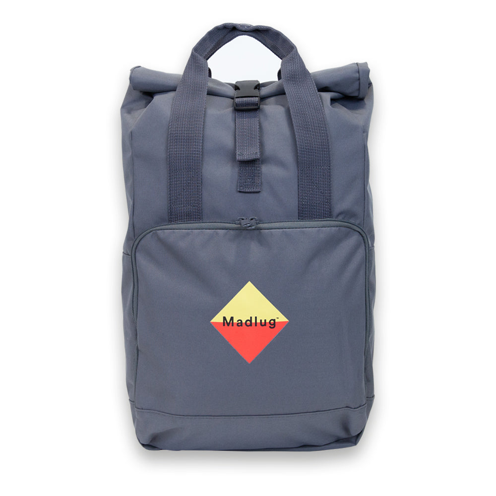 Madlug Roll-Top Backpack in Dark Grey. Front view.