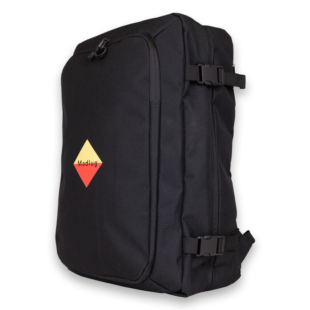 Madlug Black Travel Backpack. Side view showing secure clips.