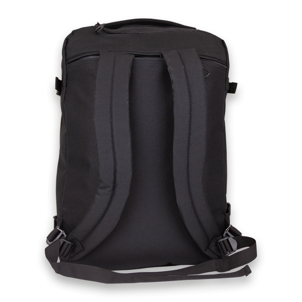 Madlug Black Travel Backpack. Rear view adjustable padded straps.