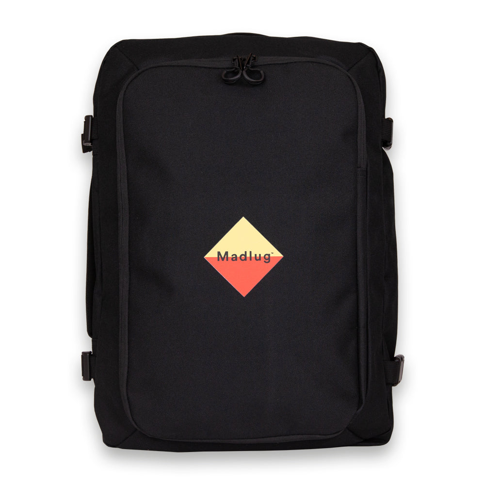 Madlug Black Travel Backpack. Front view showing iconic Madlug logo.