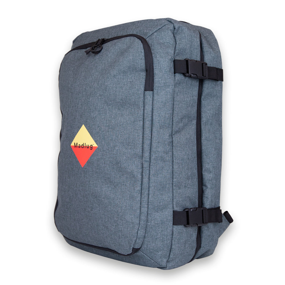 Madlug Grey Travel Backpack. Side view showing secure clips.