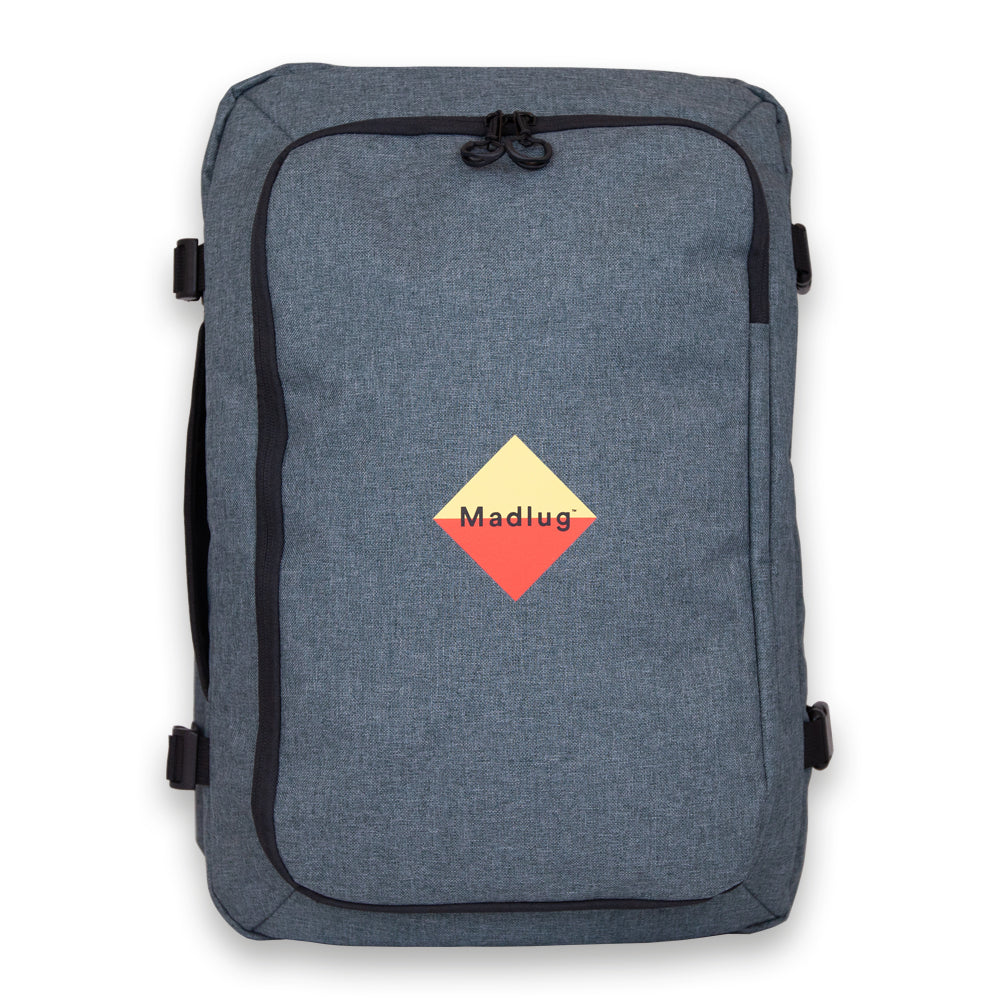 Madlug Grey Travel Backpack. Front view showing iconic Madlug logo.