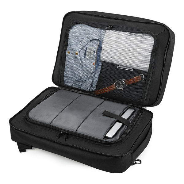 Madlug Grey Travel Backpack. Open view showing packing options.